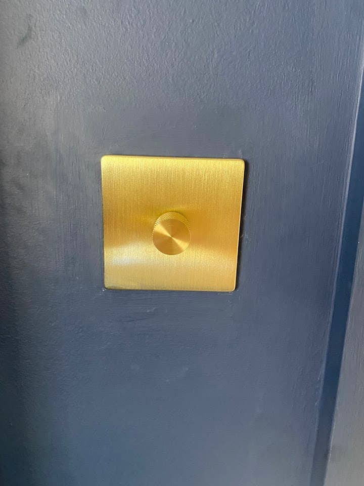 Brushed-brass dimmer switch fitted on a feature wall