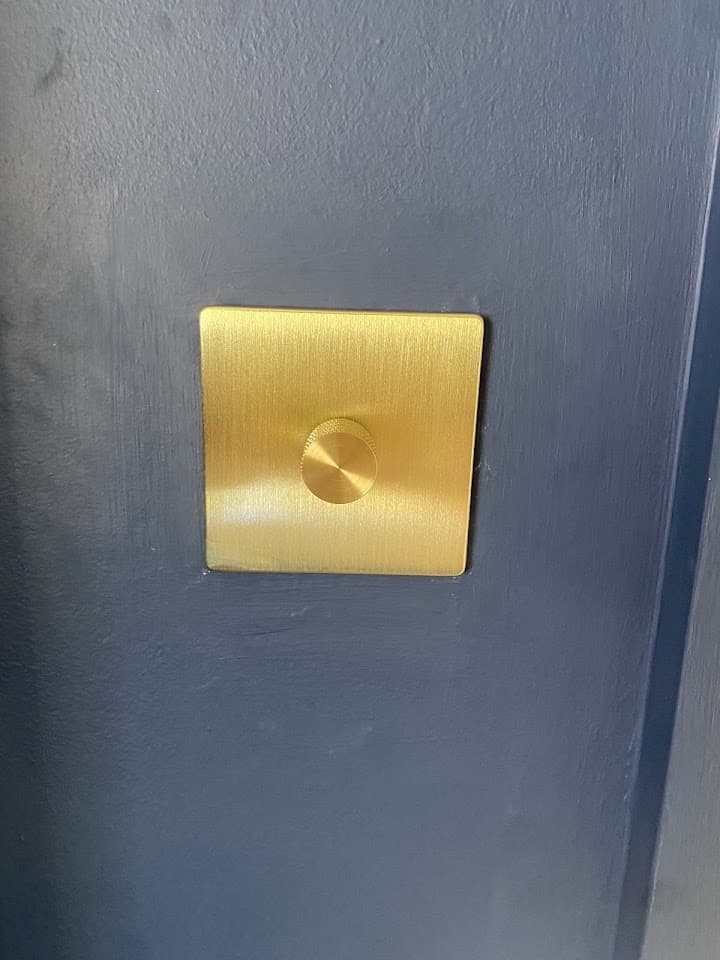 Brushed-brass dimmer switch fitted on a feature wall